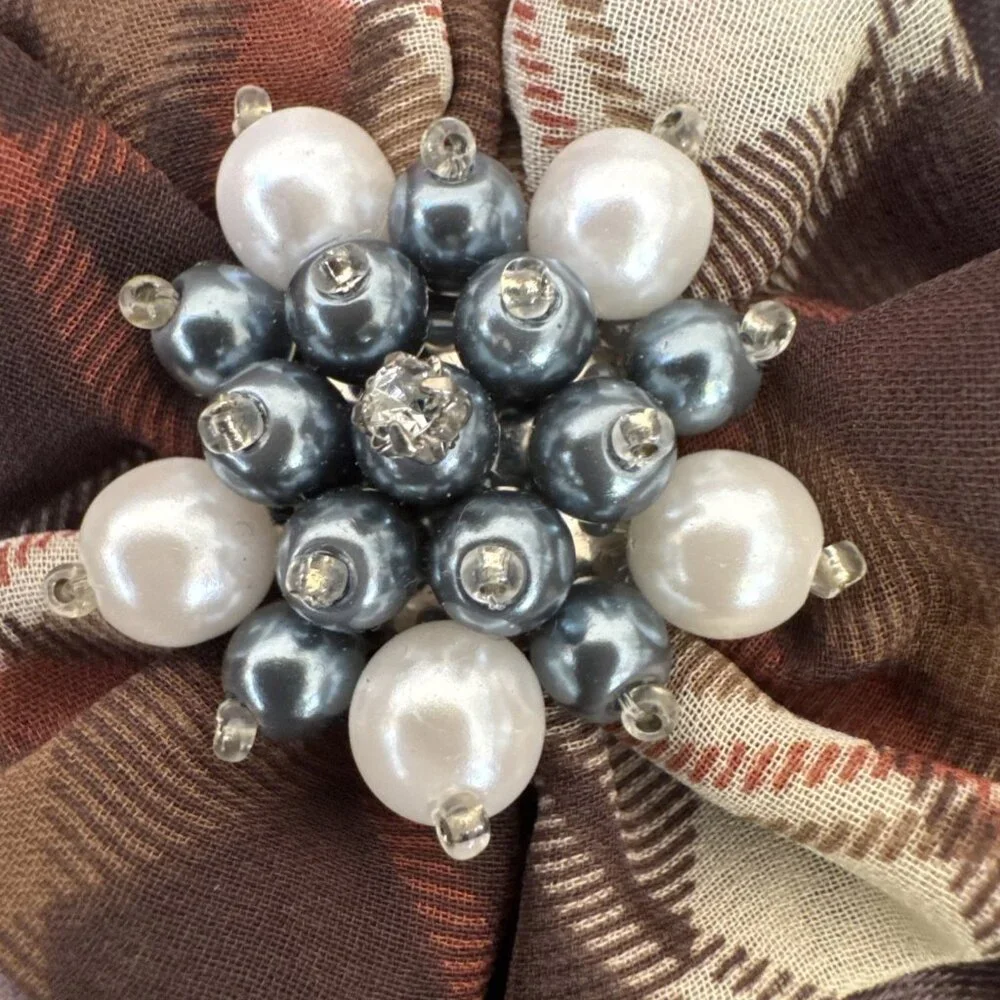 Cara Brown Cream Plaid Pearl Beaded Floral Hat Brooch/Hair Pin Steampunk NEW